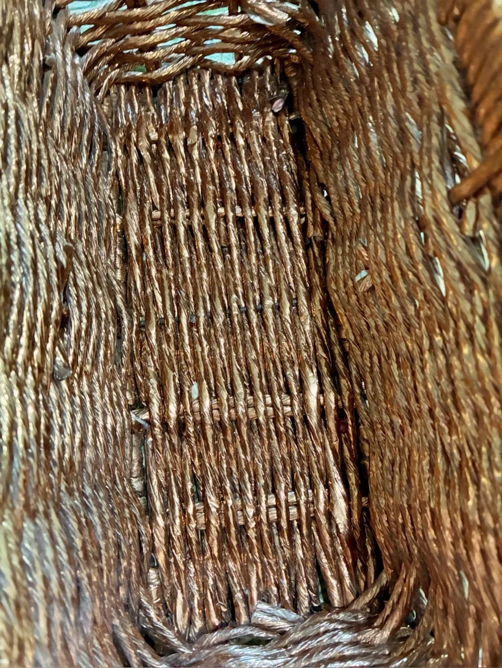 Metallic Gold Woven Abaca Rope Basket, Late 20th Century Rectangle with Handles.